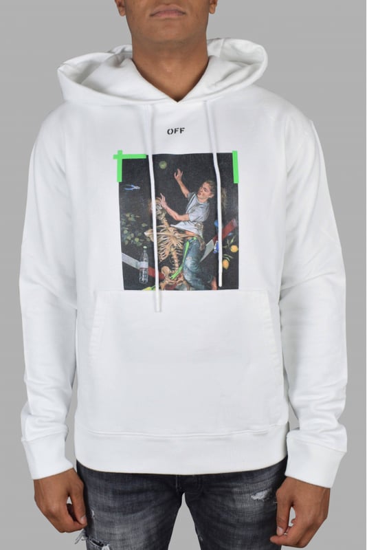 Sudadera con capucha Off-White blanco.Cuadro impreso en el frente.Flechas verdes en la espalda.Cordones.100% algodón.