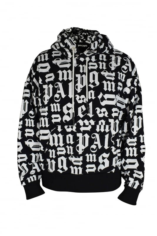 Hoodie Palm Angels broken Monogram in Schwarz und Weiß.Kapuze mit weißen Kordeln zum Zusammenziehen.Lange Ärmel.Aufgesetzte Tasche.100% Baumwolle.Made in Italy.