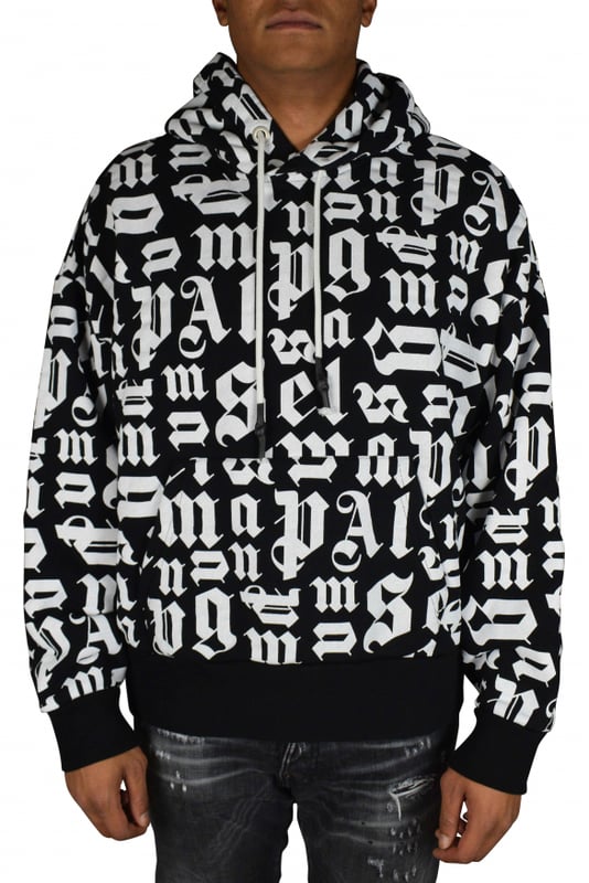 Hoodie Palm Angels broken Monogram in Schwarz und Weiß.Kapuze mit weißen Kordeln zum Zusammenziehen.Lange Ärmel.Aufgesetzte Tasche.100% Baumwolle.Made in Italy.