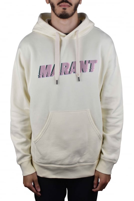 Sudadera con capucha de algodón blanco roto de Isabel Marant.  Logotipo  Marant  rosa estampado en el centro. Bordes de canalé.Mangas largas. Bolsillo canguro.Capucha con cordón.