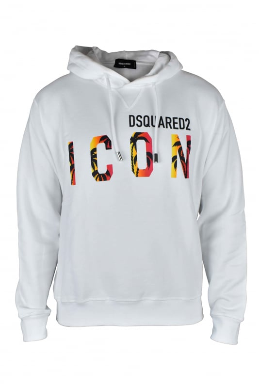 Sudadera con capucha blanca Dsquared2.Logotipo ICON estampado en la parte delantera.Efecto gráfico de palmera en negro, amarillo y naranja.Costura en el cuello en V.Capucha con cordón.Bordes de canalé.100% algodón.Made in Italy.