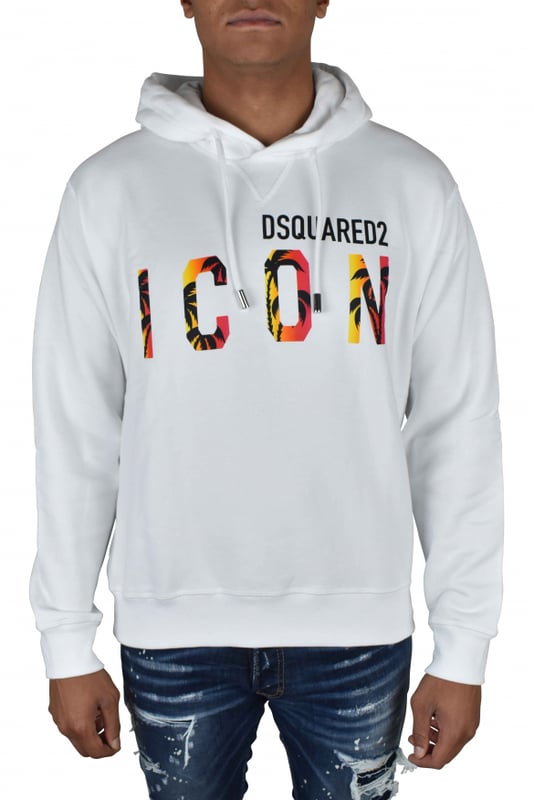 Sudadera con capucha blanca Dsquared2.Logotipo ICON estampado en la parte delantera.Efecto gráfico de palmera en negro, amarillo y naranja.Costura en el cuello en V.Capucha con cordón.Bordes de canalé.100% algodón.Made in Italy.