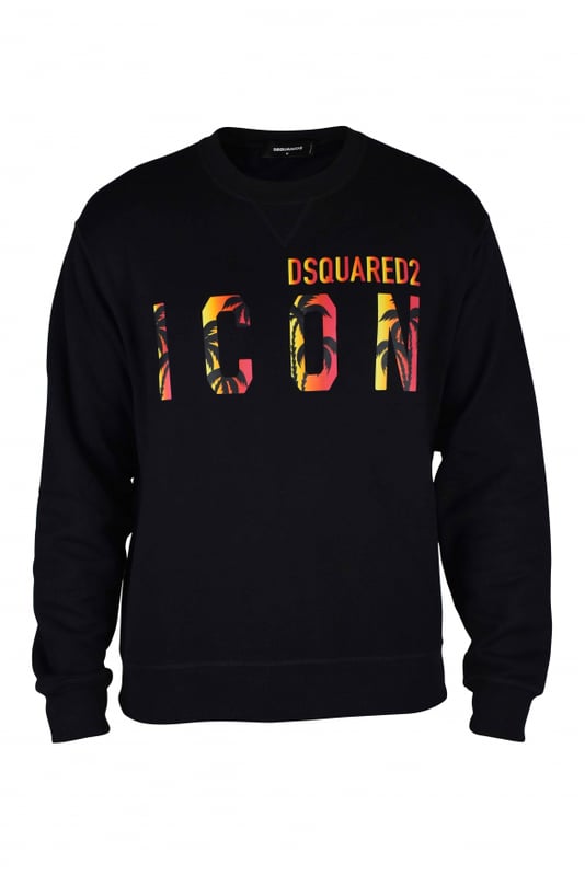 Sudadera negra Dsquared2.Logotipo ICON estampado en la parte delantera.Efecto gráfico de palmera en negro, amarillo y naranja. Costura en el cuello en V.Bordes acanalados.100% algodón.Made in Italy.