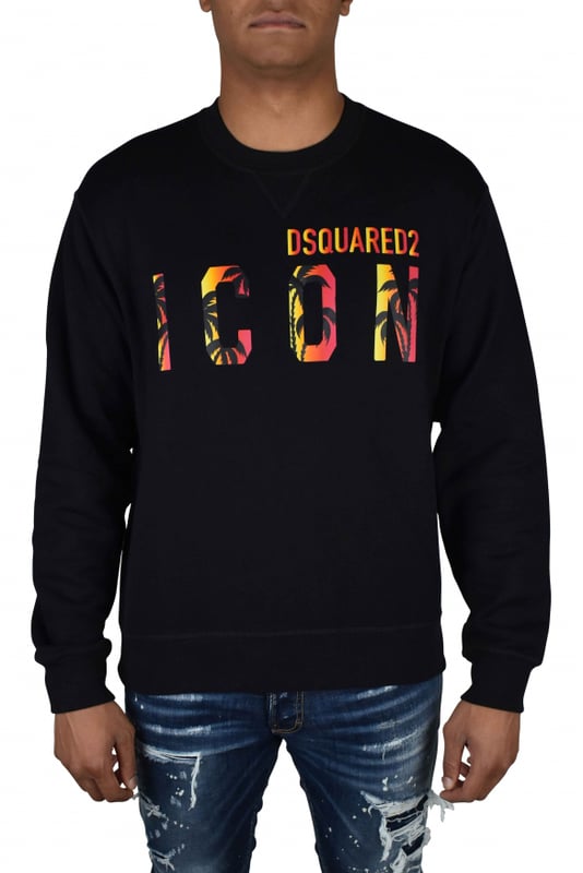 Sudadera negra Dsquared2.Logotipo ICON estampado en la parte delantera.Efecto gráfico de palmera en negro, amarillo y naranja. Costura en el cuello en V.Bordes acanalados.100% algodón.Made in Italy.