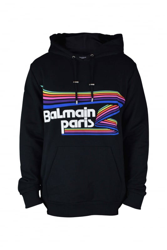 Sudadera negra de Balmain con estampado.Estampado gráfico de arco iris con logotipo blanco en la parte delantera.Capucha con cordón.Puños de canalé.Cremalleras en los laterales.Bolsillo tipo canguro.100% algodón.Made in Italy.