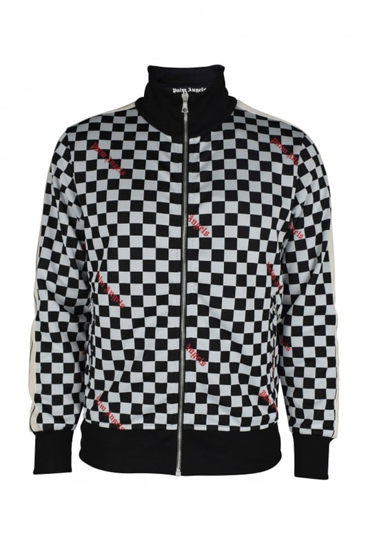 Chaleco a cuadros de poliéster Palm Angels.Estampado en damero blanco y negro.Logotipo rojo impreso varias veces.Rayas blancas y negras en las mangas.Cierre de cremallera.Cuello alto.Cintura elástica.Made in italy.