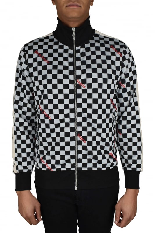 Chaleco a cuadros de poliéster Palm Angels.Estampado en damero blanco y negro.Logotipo rojo impreso varias veces.Rayas blancas y negras en las mangas.Cierre de cremallera.Cuello alto.Cintura elástica.Made in italy.