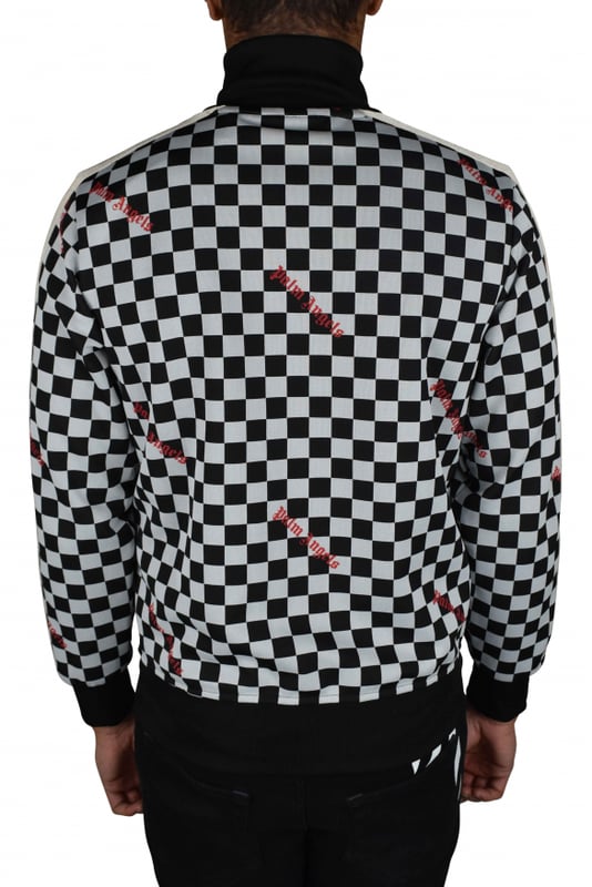 Chaleco a cuadros de poliéster Palm Angels.Estampado en damero blanco y negro.Logotipo rojo impreso varias veces.Rayas blancas y negras en las mangas.Cierre de cremallera.Cuello alto.Cintura elástica.Made in italy.