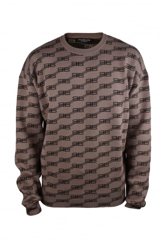 Jersey beige Balenciaga.Logotipo  BB  marrón impreso en diagonal sobre el jersey.Cuello redondo acanalado.Mangas largas.Puños y mangas de canalé.Tejido de punto.44% algodón, 27% lana, 24% poliéster.Made in Italy.