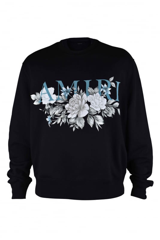 Sudadera Amiri de algodón negro.Logotipo azul turquesa estampado en el centro.Estampado gráfico de flores blancas en el centro.Cuello redondo.Bordes acanalados.Made in Italy.