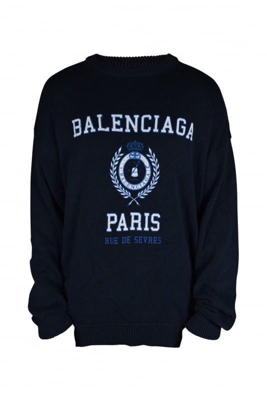 Jersey de Balenciaga.Azul marino y blanco.Logotipo de Balenciaga  Paris Rue de Sèvres  impreso en la parte delantera.Cuello redondo acanalado.Mangas largas.Puños y mangas de canalé.  Construcción de punto.