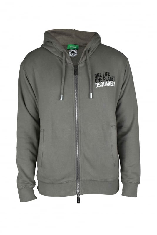 Sudadera con capucha de algodón gris de Dsquared2.Inscripción  One Life One Planet  impresa en el pecho.Logotipo impreso en el pecho.Cierre de cremallera.Capucha con cordón.Bordes acanalados.Dos bolsillos laterales y manga larga.Made in Italy.