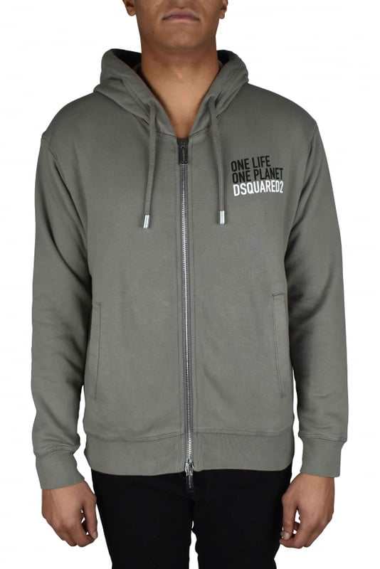 Sudadera con capucha de algodón gris de Dsquared2.Inscripción  One Life One Planet  impresa en el pecho.Logotipo impreso en el pecho.Cierre de cremallera.Capucha con cordón.Bordes acanalados.Dos bolsillos laterales y manga larga.Made in Italy.
