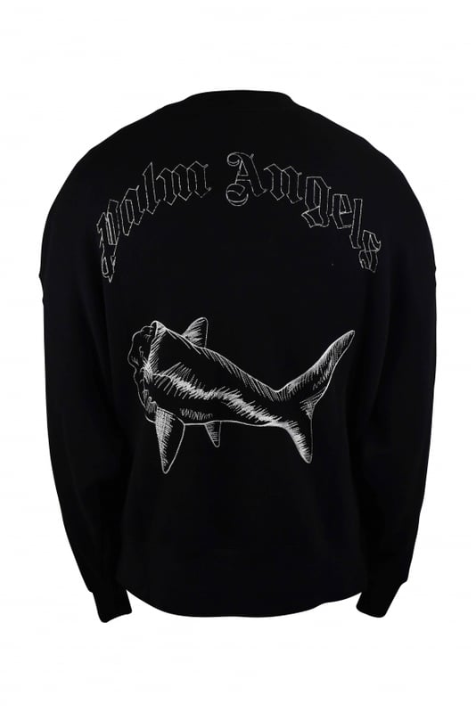 Sudadera Palm Angels de algodón negro.Estampado gráfico de tiburón blanco en la parte delantera y trasera.Logotipo impreso en la espalda.Cuello redondo.Bordes de canalé.100% algodón.Made in Italy.