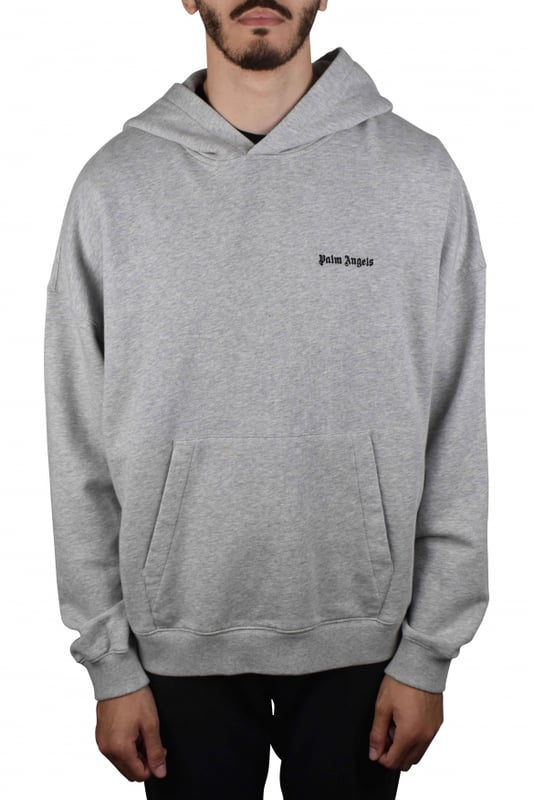 Sudadera con capucha gris de Palm Angels.Logotipo bordado en la parte delantera y trasera en negro.Bolsillo canguro.Bordes de canalé.100% algodón.Made in Italy.