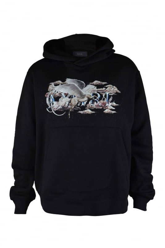 Sudadera con capucha Amiri de algodón negro.Estampado gráfico de un unicornio y nubes en la parte delantera.Logotipo azul estampado en el diseño.Bolsillo canguro.Bordes acanalados.Made in Italy.