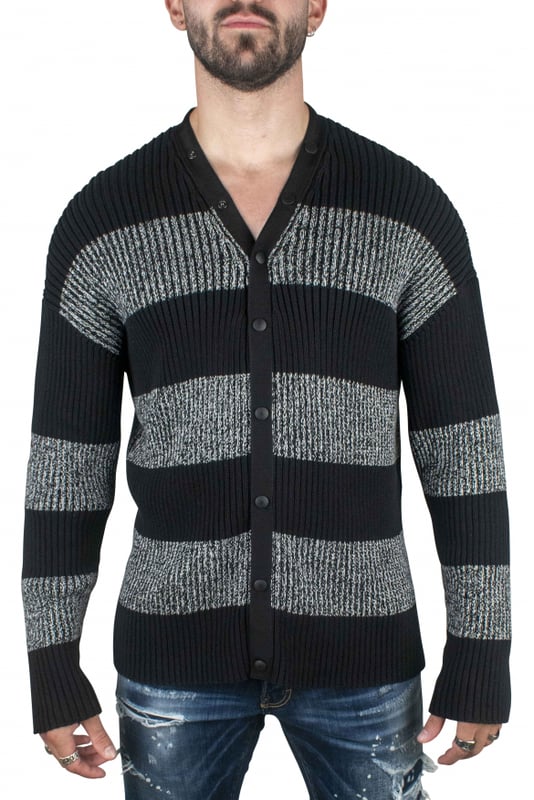 Cárdigan negro y gris de algodón Balenciaga.Efecto acanalado.Logotipo blanco estampado en la espalda.Cierre con botones en los extremos.Mangas largas.Made in Italy.