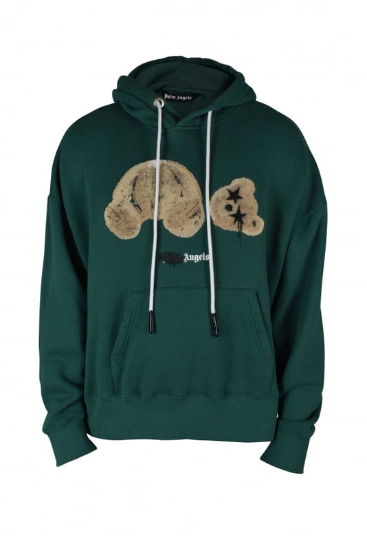 Sudadera Palm Angels en color verde abeto con osito de peluche con ojos de estrella.Con capucha y cordones con logotipo.Logotipo de Palm Angels en la parte delantera.Bolsillo tipo canguro en la parte delantera.Bordes acanalados.100% algodón.Made in Italy.