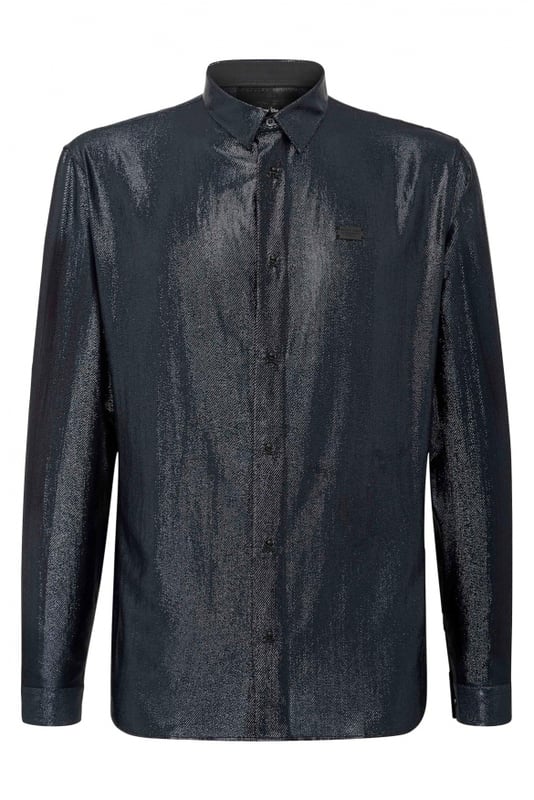 Camisa LS Skull Philipp Plein de algodón tejido negro brillante.Insignia metálica de la marca en la parte delantera.Botones adornados con pequeñas tachuelas en forma de calavera.Made in Italy.