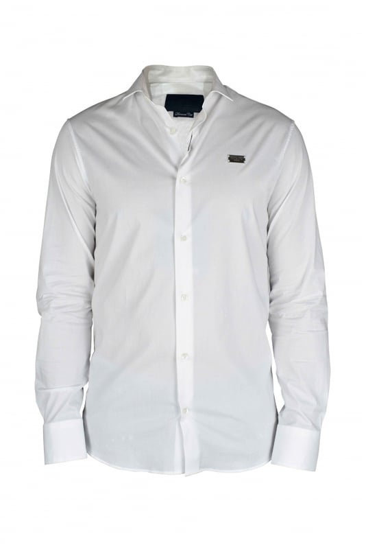 Philipp Plein Diamond Cut LS Iconisch wit overhemd.Metalen badge op de linkerborst genaaid.Beperkte oplage.Parelmoeren knopen.97% katoen en 3% elastaan.Gemaakt in Italië.