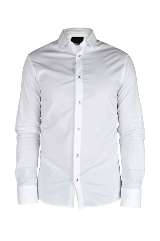 Camisa LS Skull Philipp Plein en blanco.Botones plateados en forma de calavera.96% algodón y 4% elastano.Made in Italy.