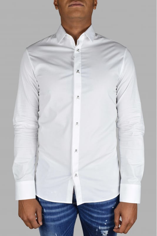 Camisa LS Skull Philipp Plein en blanco.Botones plateados en forma de calavera.96% algodón y 4% elastano.Made in Italy.