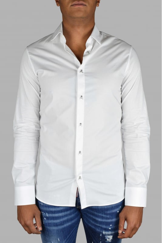 Camisa LS Skull Philipp Plein en blanco.Botones plateados en forma de calavera.96% algodón y 4% elastano.Made in Italy.