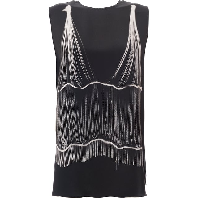 mid-weight silk satin. The Raey Bead Print Cami Tank is a stylish and elegant piece. This cami tank is made from mid-weight silk satin, providing a luxurious feel and a smooth texture. It features a unique trompe-lâ€™Å“il print that gives the illusion of draped beadwork, adding a sophisticated touch to the design
