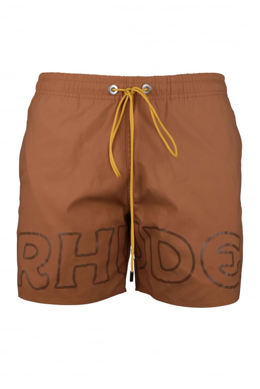 Bañador de nailon marrón Rhude.Logotipo marrón oscuro estampado en la parte delantera.Cintura elástica con cordones amarillos.Bolsillos laterales.Bolsillo trasero.