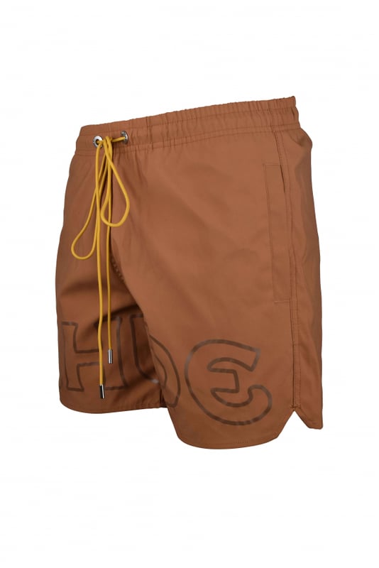 Bañador de nailon marrón Rhude.Logotipo marrón oscuro estampado en la parte delantera.Cintura elástica con cordones amarillos.Bolsillos laterales.Bolsillo trasero.