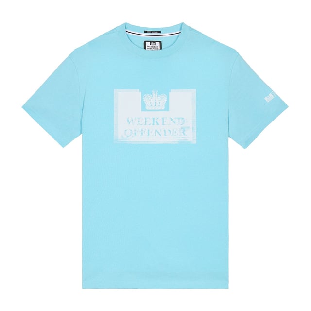 Mens Weekend Offender Bonpensiero Graphic T- Shirt in light blue.- Ribbed neckline.- Short sleeves.- Distressed Weekend Offender Prison logo.- Weekend Offender branding.- Regular fit.- Ref: PTSS2420LBL