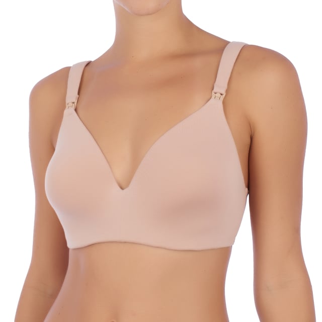Non-wired nursing bra, designed to provide comfort and support to nursing mothers.

 Details:

 - Made of soft, stretchy fabric for a comfortable, long-lasting fit.
 - Flattering V-neckline and wide adjustable straps for added customization.
 - Clip system on the straps to easily lower the cups and facilitate breastfeeding.
 - Rear eyelet closure with 4 columns and 3 hooks, which ensures a firm and secure fit.

 A functional and comfortable garment, ideal for pregnant and nursing women who prioritize practicality and comfort.
 Composition: 67% Cotton, 30% Polyester, 3% Elastane
 Care:
- Hand wash.
 - Use mild detergent.
 - Avoid tumble drying.
 - Do not use bleach.