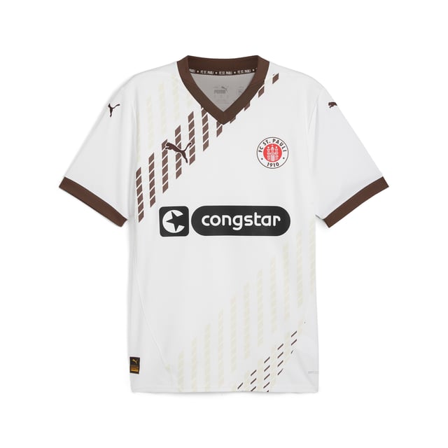 PUMA Mens FC St. Pauli 24/25 Away Jersey PRODUCT STORY: Gear up and show your allegiance to FC St. Pauli with the 24/25 Away Jersey. It features mesh inserts and moisture-wicking dryCELL tech to keep you feeling cool and comfortable. FEATURES & BENEFITS: dryCELL: Performance technology designed to wick moisture from the body and keep you free of sweat during exercise; As part of the RE:FIBRE program, this garment is made of at least 95% recycled material from textile waste and other used materials. DETAILS: Regular fit; 170 gsm, Jacquard; Mesh inserts; V-neck; Short sleeves; Official team branding; 100% Recycled Polyester. Our model is 189 cm tall and is wearing size M UK.