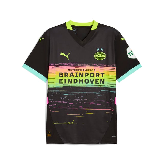 PUMA Mens PSV Eindhoven 24/25 Away Jersey PRODUCT STORY: PSV Eindhoven is a club of many firsts - the first to have a fully lit pitch, the first to fly to matches abroad and the first club to broadcast a game live. The 24/25 Away kit is inspired by that limitless attitude. This jersey features moisture-wicking dryCELL tech and strategically placed mesh inserts to keep you cool and focused on the game. FEATURES & BENEFITS: dryCELL: Performance technology designed to wick moisture from the body and keep you free of sweat during exercise; As part of the RE:FIBRE program, this garment is made of at least 95% recycled material from textile waste and other used materials. DETAILS: Regular fit; 170 gsm, Jacquard; Mesh inserts; Crew neck; Short sleeves with ribbed cuffs; Official team branding. Our model is 188 cm tall and is wearing size M UK.