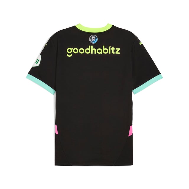 PUMA Mens PSV Eindhoven 24/25 Away Jersey PRODUCT STORY: PSV Eindhoven is a club of many firsts - the first to have a fully lit pitch, the first to fly to matches abroad and the first club to broadcast a game live. The 24/25 Away kit is inspired by that limitless attitude. This jersey features moisture-wicking dryCELL tech and strategically placed mesh inserts to keep you cool and focused on the game. FEATURES & BENEFITS: dryCELL: Performance technology designed to wick moisture from the body and keep you free of sweat during exercise; As part of the RE:FIBRE program, this garment is made of at least 95% recycled material from textile waste and other used materials. DETAILS: Regular fit; 170 gsm, Jacquard; Mesh inserts; Crew neck; Short sleeves with ribbed cuffs; Official team branding. Our model is 188 cm tall and is wearing size M UK.