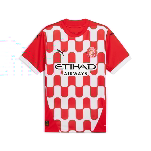 PRODUCT STORY: Gear up and show your allegiance to Girona FC with the official 24/25 Home Jersey. It features mesh panels and moisture-wicking dryCELL tech to keep you feeling cool and comfortable. FEATURES & BENEFITS: dryCELL: Performance technology designed to wick moisture from the body and keep you free of sweat during exercise; As part of the RE:FIBRE program, this garment is made of at least 95% recycled material from textile waste and other used materials. DETAILS: Regular fit; 170 gsm, Jacquard; Mesh inserts; Crew neck; Short sleeves; Official team branding.  Our model is 189 cm tall and is wearing size M UK.