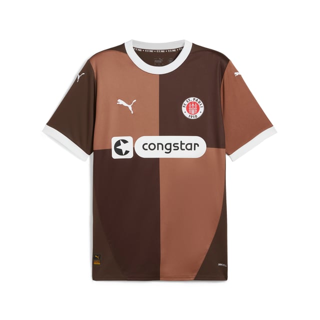 PRODUCT STORY: Gear up and show your allegiance to FC St. Pauli with the 24/25 Home Jersey. It features mesh inserts and moisture-wicking dryCELL tech to keep you feeling cool and comfortable. FEATURES & BENEFITS: dryCELL: Performance technology designed to wick moisture from the body and keep you free of sweat during exercise; As part of the RE:FIBRE program, this garment is made of at least 95% recycled material from textile waste and other used materials. DETAILS: Regular fit; 170 gsm, Jacquard; Mesh inserts; Crew neck; Short sleeves; Official team branding; 100% Recycled Polyester.  Our model is 189 cm tall and is wearing size M UK.