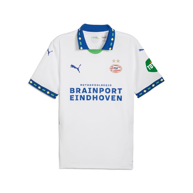 PRODUCT STORY: Many players have worn the PSV stripes with success. With this season's third kit we celebrate players from one country in particular: Brazil. Play like PSV's finest in this jersey featuring dryCELL tech and strategically placed mesh inserts to keep you cool and focused. FEATURES & BENEFITS: dryCELL: Performance technology designed to wick moisture from the body and keep you free of sweat during exercise; As part of the RE:FIBRE program, this garment is made of at least 95% recycled material from textile waste and other used materials. DETAILS: Regular fit; 170 gsm, Jacquard; Mesh inserts; Crew neck; Short sleeves with flat knit cuffs; Official team branding.  Our model is 183 cm tall and is wearing size M UK.