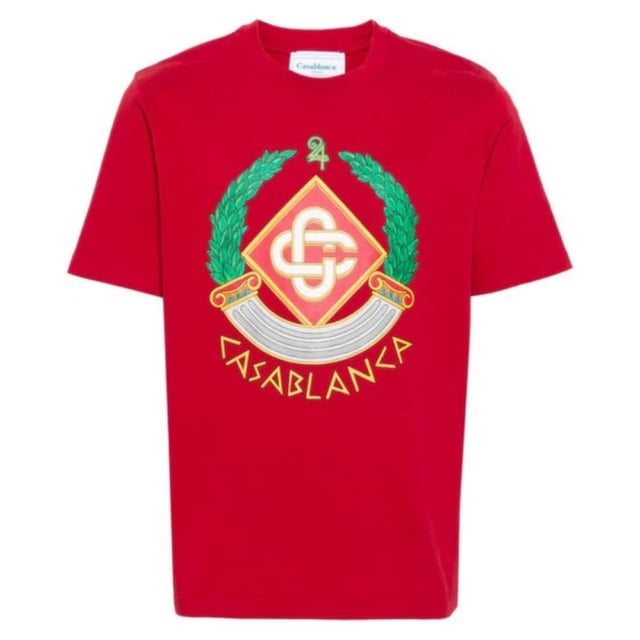 Short Sleeved Red T-Shirt, Casablanca Crest Printed Design, Crew Neck Tee, Regular Fit, Fits True To Size, 100% Cotton, Red Tee, Casual Wear