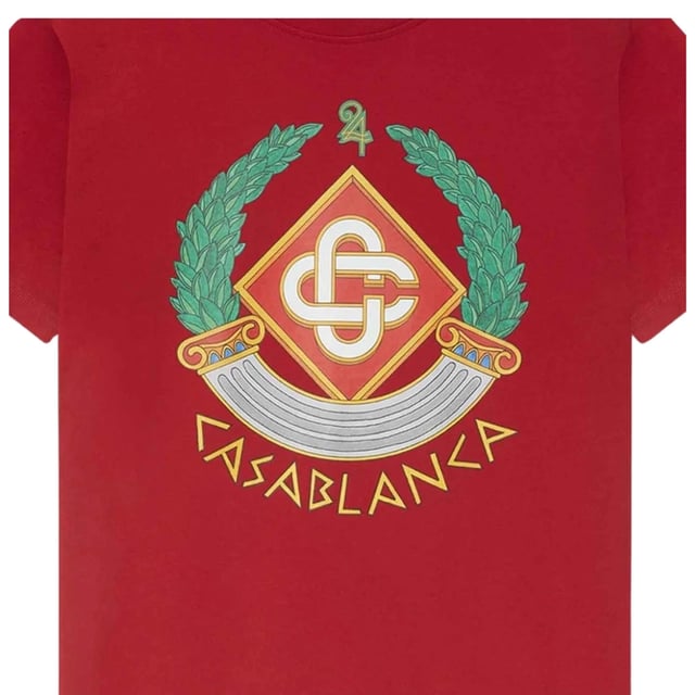 Short Sleeved Red T-Shirt, Casablanca Crest Printed Design, Crew Neck Tee, Regular Fit, Fits True To Size, 100% Cotton, Red Tee, Casual Wear