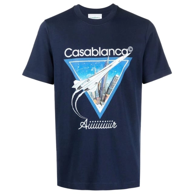 Short Sleeved Blue T-Shirt, Casablanca Airplane Design, Crew Neck Tee, Regular Fit, Fits True To Size, 100% Cotton, Blue Tee, Casual Wear