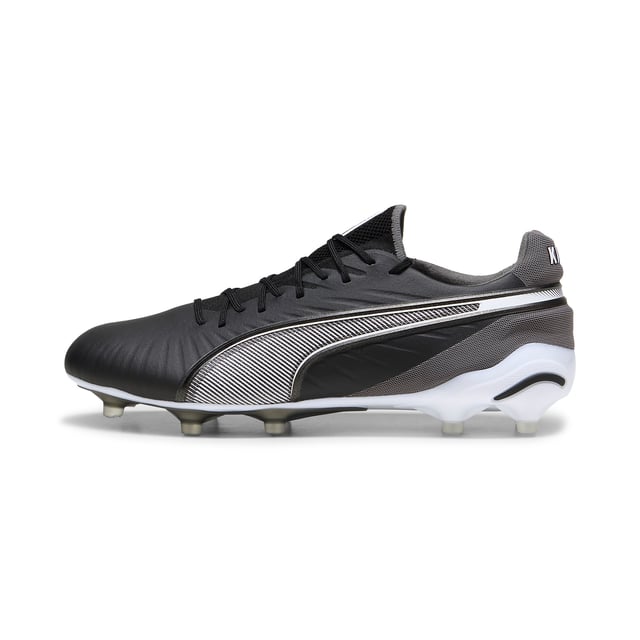 PUMA Unisex KING ULTIMATE FG/AG Football Boots PRODUCT STORY: Let everyone know: there’s a new KING in town. This football boot lives up to its name with the combination of non-animal-based K-BETTER™ upper material and GRIPCONTROL 3D structure on the medial side for enhanced ball control. A new KING doesn’t come along every day, but there will always be a new KING. The rightful heir is here. FEATURES & BENEFITS: TOUCH: Non-animal-based K-BETTER™ upper material for a new and improved take on the signature KING touch, comfort, and durability; CONTROL: GRIPCONTROL 3D rib structure on the medial side with grippy print for enhanced ball control; COMFORT: ORTHOLITE® memory foam padding in the heel for improved comfort; The upper of this shoe is made with at least 30% recycled materials. DETAILS: K-BETTER™ upper; Lightweight removable sockliner with NanoGrip technology to keep the foot from slipping inside the boot; OrthoLite® memory foam padding in the heel for improved comfort; Lightweight outsole with external heel counter, integrated stability spine, and conical studs for maximum manoeuvrability; Regular fit; Knitted low-cut slip-on construction ensures a comfortable fit; FG/AG: Suitable for use on firm or artificial surfaces; 84.66% Synthetic, 15.34% Textile.