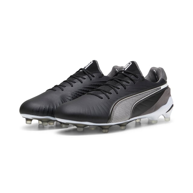 PUMA Unisex KING ULTIMATE FG/AG Football Boots PRODUCT STORY: Let everyone know: there’s a new KING in town. This football boot lives up to its name with the combination of non-animal-based K-BETTER™ upper material and GRIPCONTROL 3D structure on the medial side for enhanced ball control. A new KING doesn’t come along every day, but there will always be a new KING. The rightful heir is here. FEATURES & BENEFITS: TOUCH: Non-animal-based K-BETTER™ upper material for a new and improved take on the signature KING touch, comfort, and durability; CONTROL: GRIPCONTROL 3D rib structure on the medial side with grippy print for enhanced ball control; COMFORT: ORTHOLITE® memory foam padding in the heel for improved comfort; The upper of this shoe is made with at least 30% recycled materials. DETAILS: K-BETTER™ upper; Lightweight removable sockliner with NanoGrip technology to keep the foot from slipping inside the boot; OrthoLite® memory foam padding in the heel for improved comfort; Lightweight outsole with external heel counter, integrated stability spine, and conical studs for maximum manoeuvrability; Regular fit; Knitted low-cut slip-on construction ensures a comfortable fit; FG/AG: Suitable for use on firm or artificial surfaces; 84.66% Synthetic, 15.34% Textile.