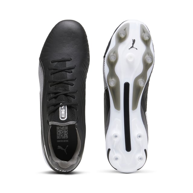 PUMA Unisex KING ULTIMATE FG/AG Football Boots PRODUCT STORY: Let everyone know: there’s a new KING in town. This football boot lives up to its name with the combination of non-animal-based K-BETTER™ upper material and GRIPCONTROL 3D structure on the medial side for enhanced ball control. A new KING doesn’t come along every day, but there will always be a new KING. The rightful heir is here. FEATURES & BENEFITS: TOUCH: Non-animal-based K-BETTER™ upper material for a new and improved take on the signature KING touch, comfort, and durability; CONTROL: GRIPCONTROL 3D rib structure on the medial side with grippy print for enhanced ball control; COMFORT: ORTHOLITE® memory foam padding in the heel for improved comfort; The upper of this shoe is made with at least 30% recycled materials. DETAILS: K-BETTER™ upper; Lightweight removable sockliner with NanoGrip technology to keep the foot from slipping inside the boot; OrthoLite® memory foam padding in the heel for improved comfort; Lightweight outsole with external heel counter, integrated stability spine, and conical studs for maximum manoeuvrability; Regular fit; Knitted low-cut slip-on construction ensures a comfortable fit; FG/AG: Suitable for use on firm or artificial surfaces; 84.66% Synthetic, 15.34% Textile.