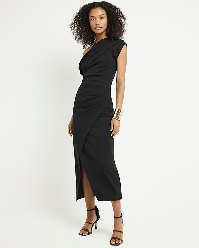 Drape detail, Off shoulder design, Asymmetric neckline, Short sleeves, Split hem, Midi length