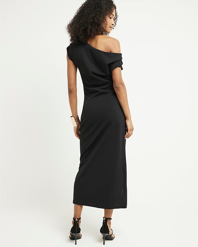 Drape detail, Off shoulder design, Asymmetric neckline, Short sleeves, Split hem, Midi length