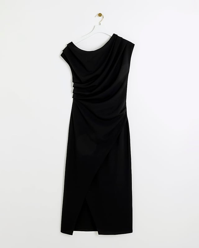 Drape detail, Off shoulder design, Asymmetric neckline, Short sleeves, Split hem, Midi length