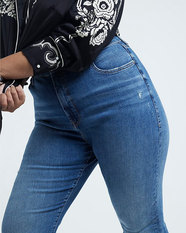 Plus collection, Mid rise, Flare design, Denim fabric, Belt loops, Classic 5 pockets, Button and zip fastening, Cotton for this product has been more responsibly sourced