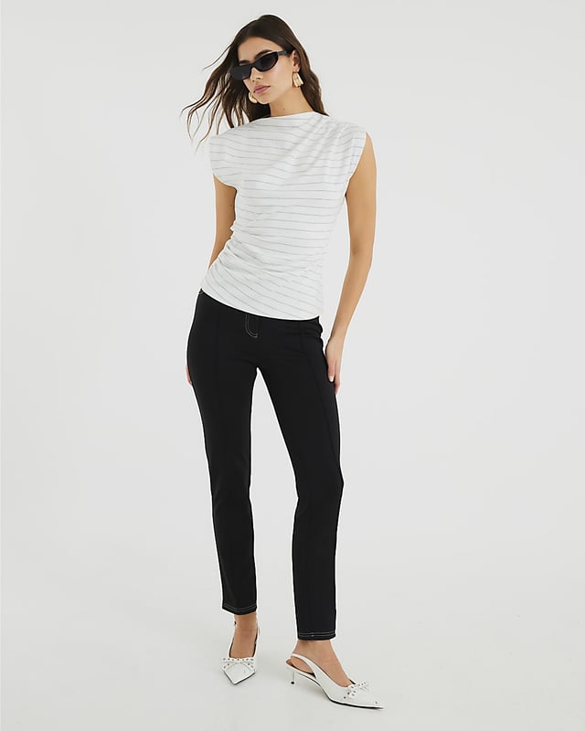 Stripe, High neck, Short sleeves, Drape detail