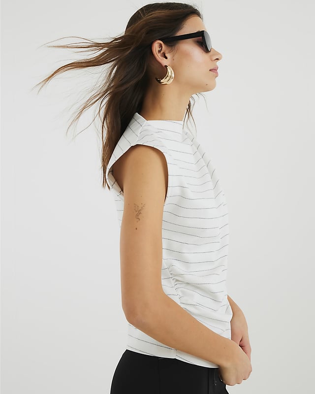 Stripe, High neck, Short sleeves, Drape detail